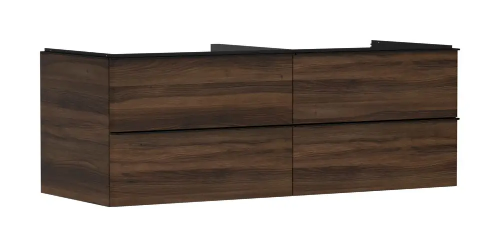 Waschtischunterschrank aus Holz in dunkler Nussbaumoptik mit vier Schubkästen, geeignet für die Verwendung mit Hansgrohe Aufsatzwaschtischen.